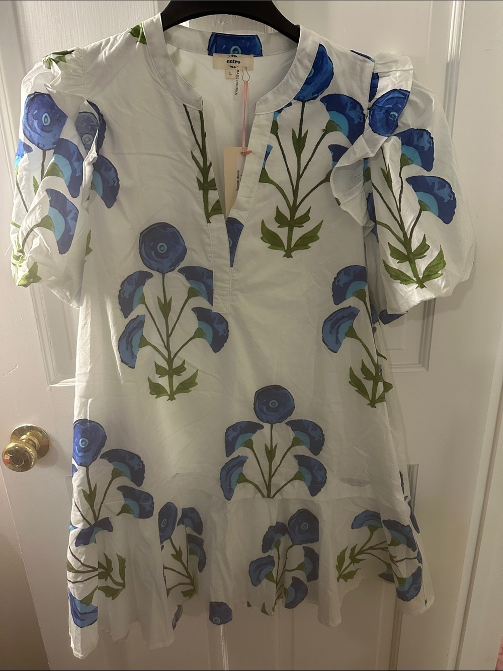 Entro White Floral Tunic Dress with Blue Print